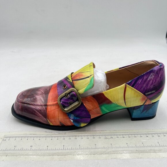 YDN Feather Square Toe Loafers Slip on Block Low Heel Pumps Buckle Shoes - Picture 2 of 7